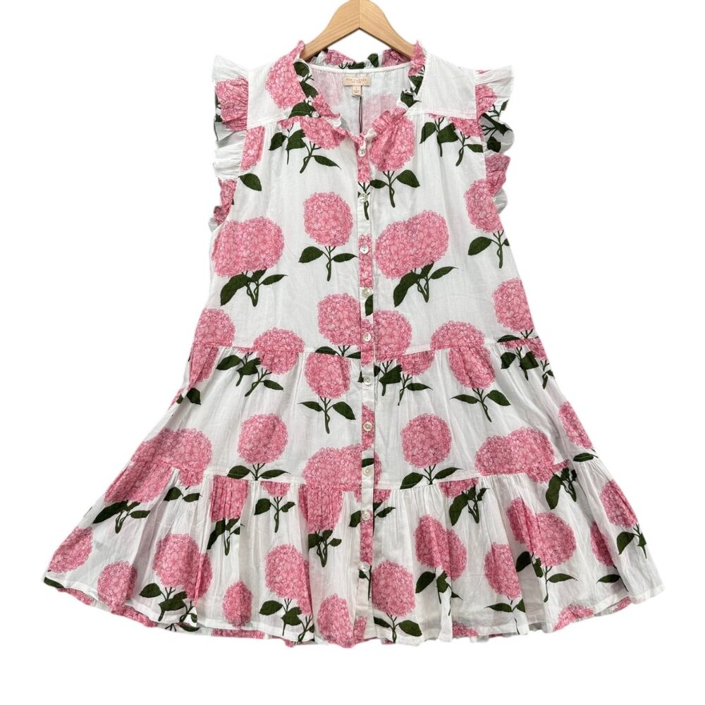 Pink Chicken Kalani Dress Pink Hydrangea Floral Pleated Flutter Sleeve Size L